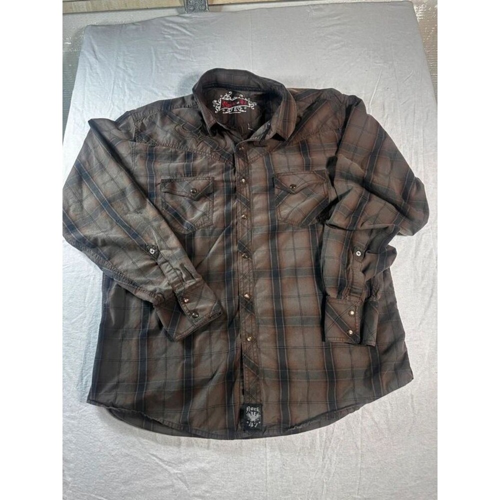 Rock 47 Men’s XL Snap Button Plaid Western Shirt Brown Rodeo Style